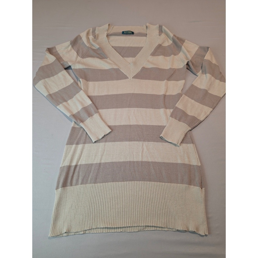 Bitten Sarah Jessica Parker Striped V-Neck Longline Sweater Tan Cream 0879